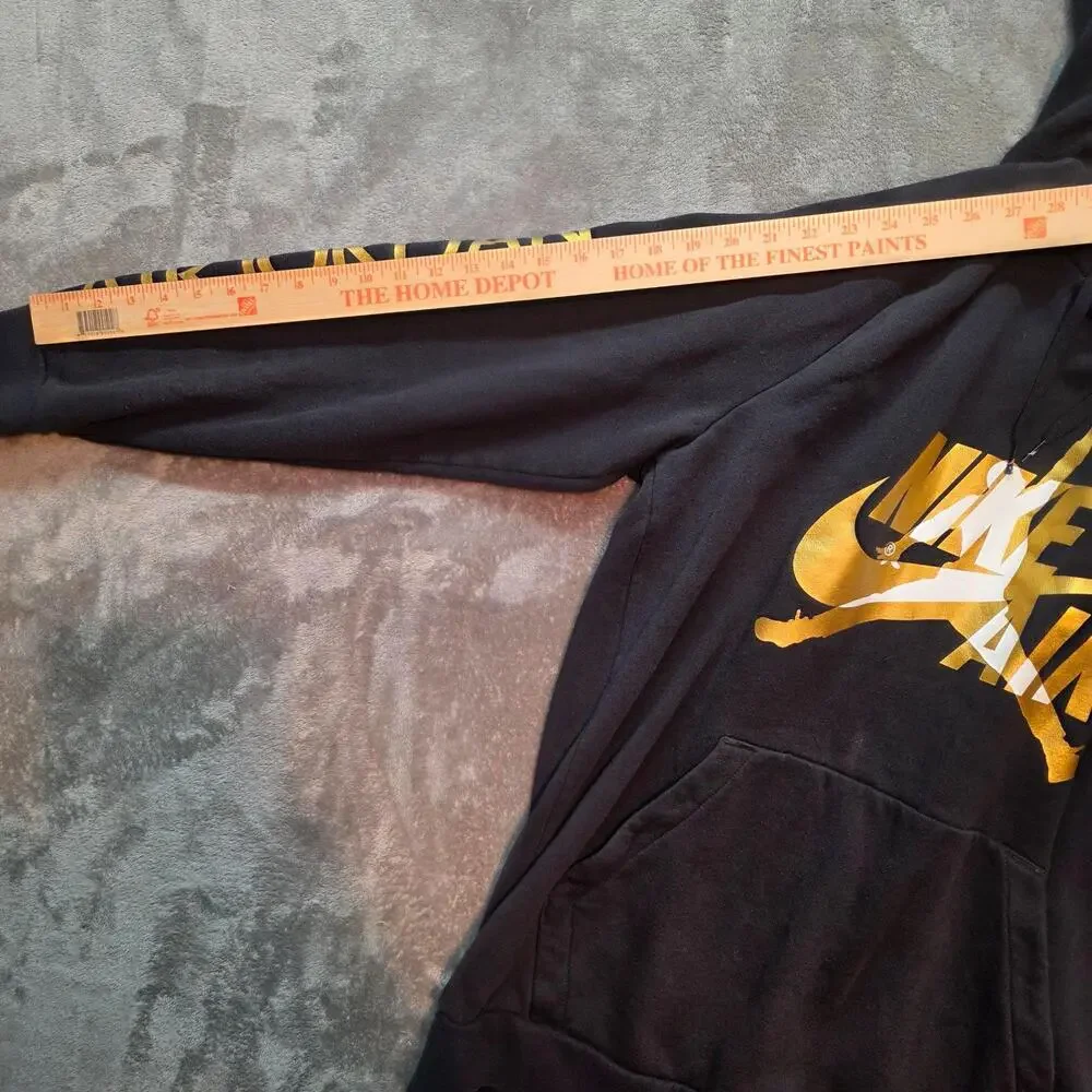 Air Jordan Hoodie Mens L Black Nike Air Jumpman Gold Logo Sleeve Print Fleece